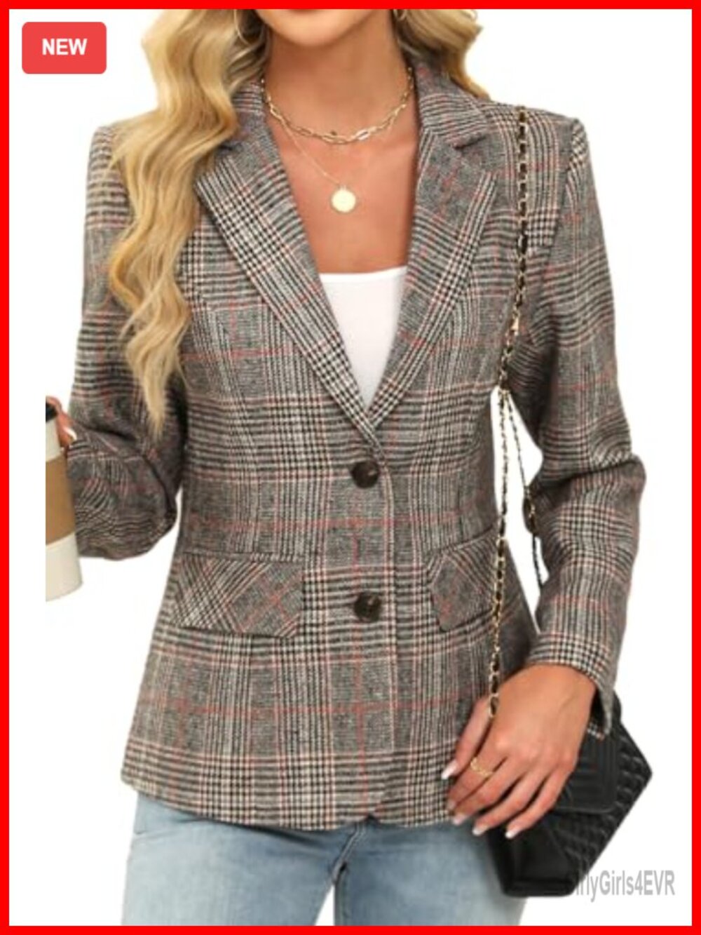 Womens Houndstooth Plaid 2 Button Blazer Jacket Notch Lapel Business Casual